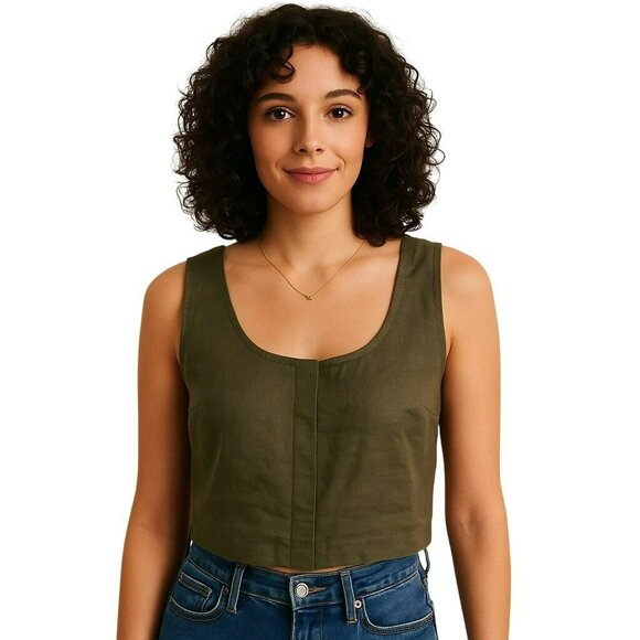 Madewell Womens Scoop Crop Top Size 8 Olive Linen - Picture 8 of 8
